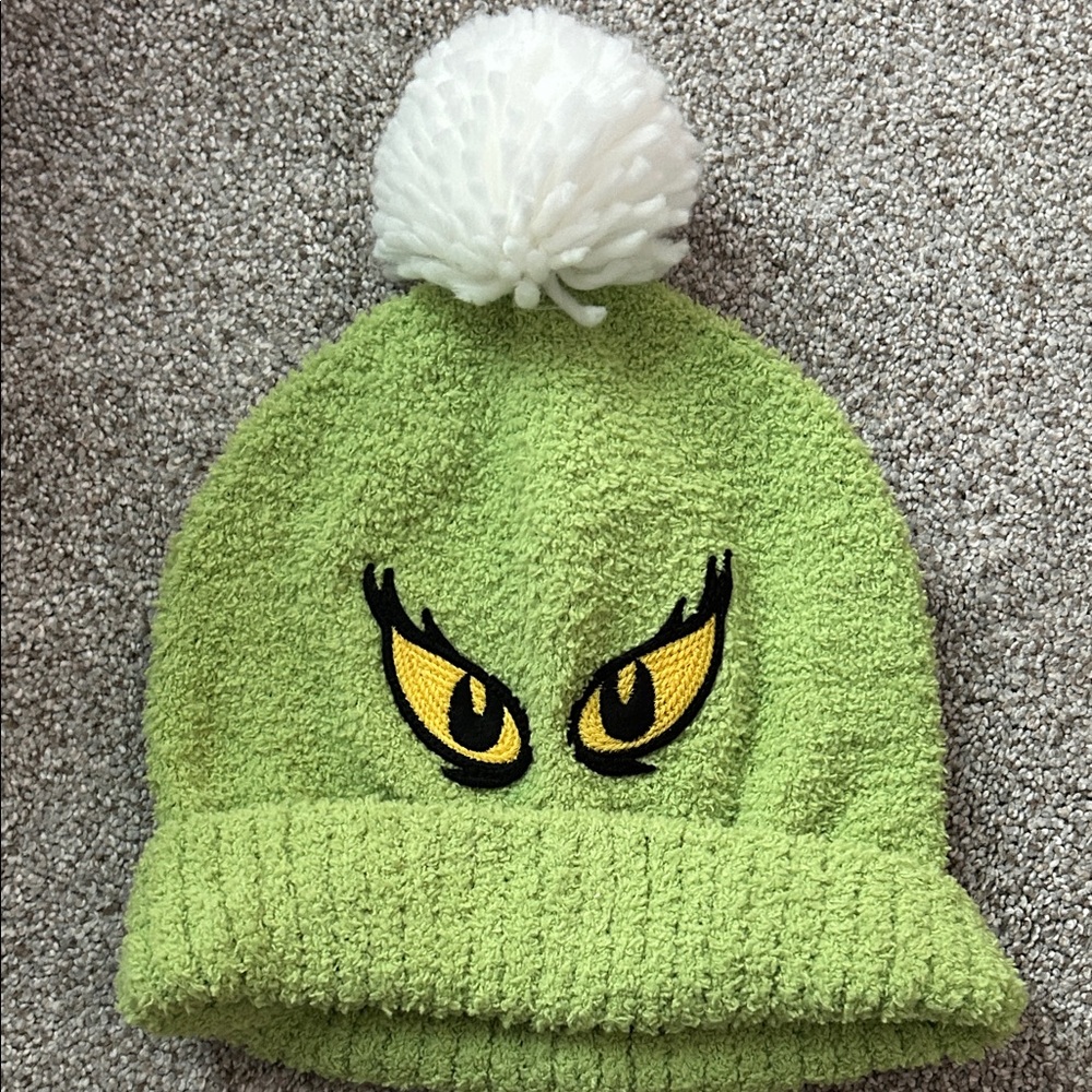 Green Pom-Pom Beanie with Yellow Grinch Eyes